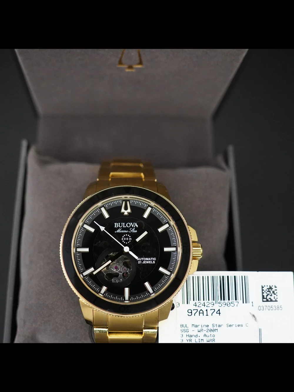 Bulova Marine Star Automatic Black Dial 200M Gold Tone Men's Watch 97A174
